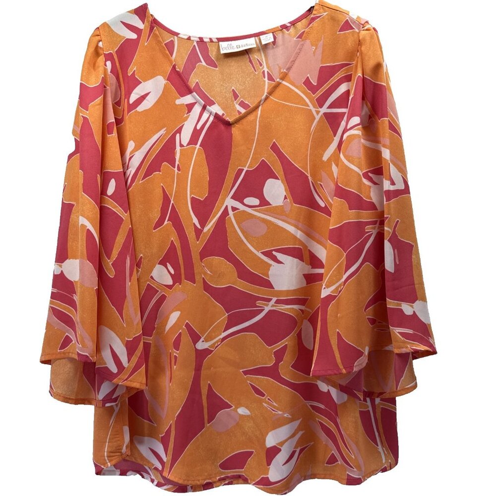 Belle by Kim Gravel Womens Top Size Med Colorful Ruffle Bell Sleeves V Neck Boho